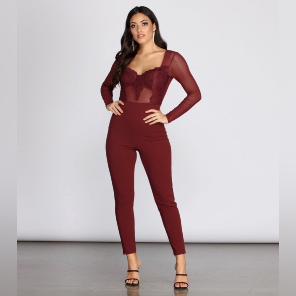 WINDSOR  Under The Mistletoe lace jumpsuit mesh cutouts festive Md